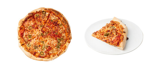 Italian Pizza Isolated, Ham Pizza with Green Hot Pepper, Chili Pepper and Mozzarella Cheese