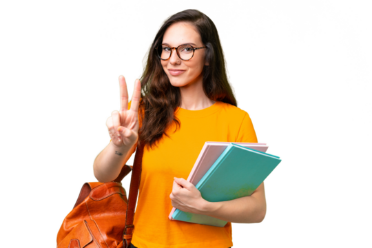Young student caucasian woman over isolated background smiling and showing victory sign - Powered by Adobe