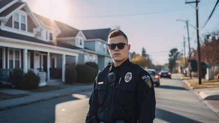 Photograph a police officer patrolling a community, symbolizing their commitment to maintaining law and order. Showcase the bond between an officer and the community they serve.