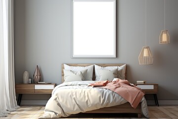 frame with poster mockup in bedroom in modern Scandinavian style, eco concept