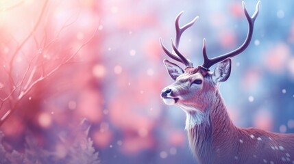 Fototapeta premium Elegant Reindeer. Christmas winter greeting card. A silhouette of a reindeer with a pastel-hued bokeh background