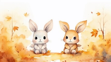 cute bunnies in autumn atmosphere watercolor style with space for text, background image, AI generated
