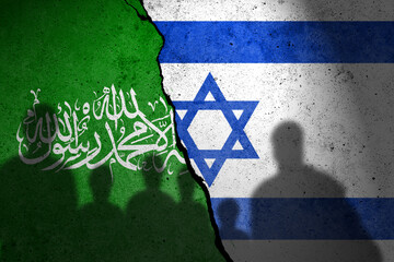 Flag of Hamas and Israel painted on the concrete wall. Gaza and Israel war. Terrorist organization Hamas