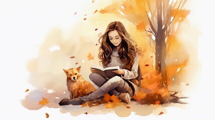girl reading in autumn atmosphere watercolor style with space for text, background image, AI generated