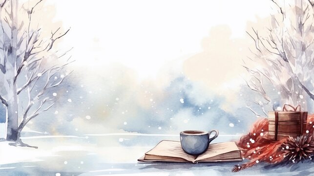 a book and a cup of hot coffee in winter atmosphere watercolor style with space for text, background image, AI generated