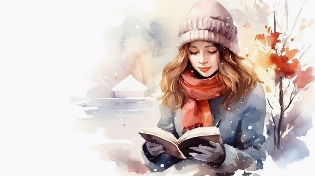 girl reading a book in winter atmosphere, watercolor style with space for text, background image, AI generated