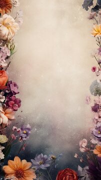 space for text on textured background surrounded by flowers, vertical format, background image, AI generated