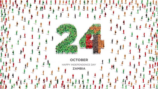 Happy Independence Day Zambia. A large group of people form to create the number 24 as Zambia celebrates its Independence Day on the 24th of October. 4K Animation Video.