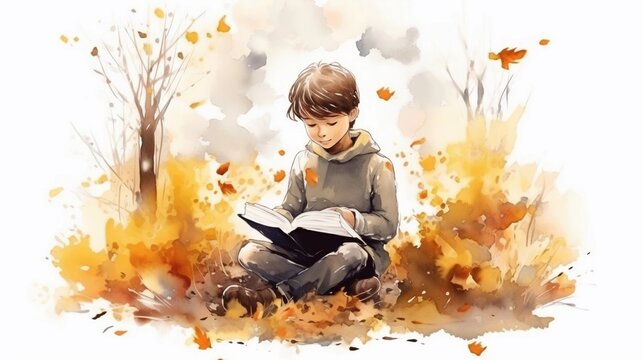 a little boy reading in autumn atmosphere watercolor style with space for text, background image, AI generated