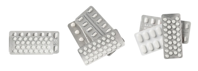 Pill Blister Isolated, Silver Capsule Package, Drugs Packaging, Pill Pack, Pharmacy Box, Medicine Capsules - obrazy, fototapety, plakaty