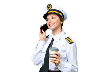 Airplane pilot woman over isolated chroma key background holding coffee to take away and a mobile