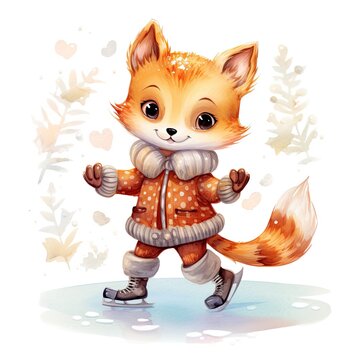 cute fox is ice skating on a frozen pond - watercolor illustration on white background (generative AI)