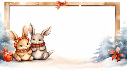 Christmas frame with two cute bunnies