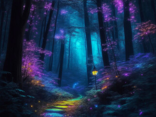 Fototapeta na wymiar Neon Nightscapes: Mystical Forest Wonders