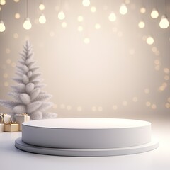Simple round podium with fir trees on background. Generative AI