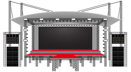 red stage and speaker with led screen on the truss system on the white background	