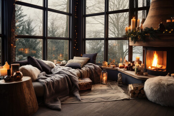 Cozy rustic living room with big floor to ceiling windows and a fireplace, decorated for Christmas.
