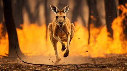 Animals Running Escaping To Save Their Lives from the burning forest. climate change, droughts and forest fires concept - obrazy, fototapety, plakaty