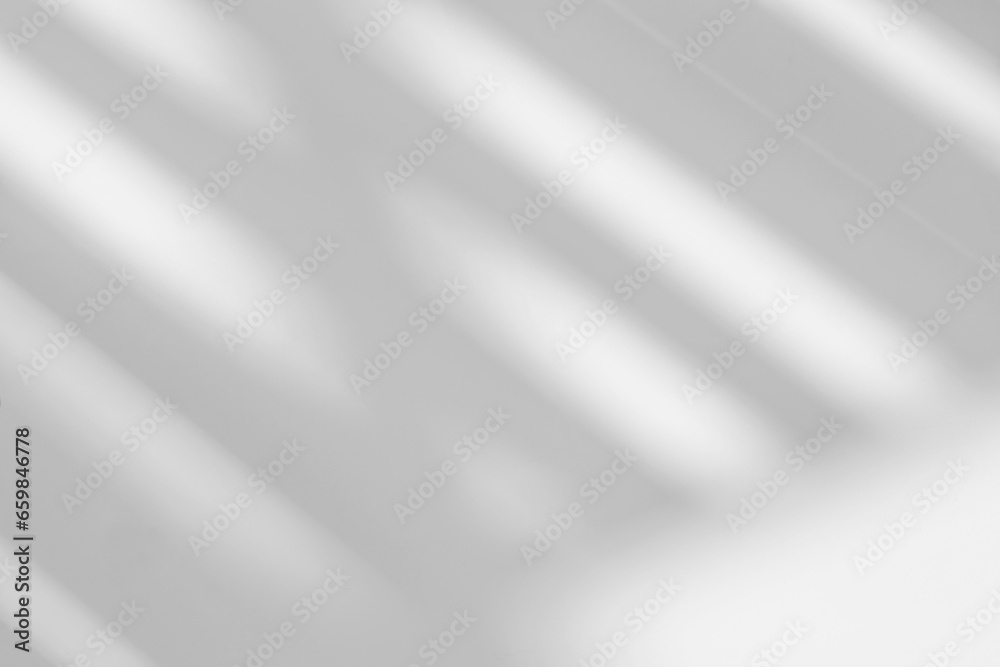 Poster Abstract light reflection and grey shadow from window on white wall background. Gray stripe window shadows and sunshine diagonal geometric overlay effect for backdrop and mockup design