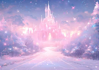 Poster Fantasy winter landscape with old castle at night © Alex Bur