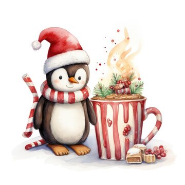 penguin in a christmas theme - watercolor illustration on white background (generative AI)