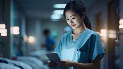 Smiling portrait of ethnic female nurse, doctor or medical student wearing uniformed scrubs using digital tablet technology in hospital