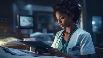 Smiling portrait of ethnic female nurse, doctor or medical student wearing uniformed scrubs using digital tablet technology in hospital - obrazy, fototapety, plakaty