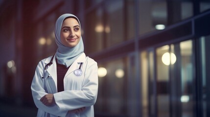 Fototapeta na wymiar Smiling portrait of ethnic female nurse, doctor or medical student wearing uniformed scrubs using digital tablet technology in hospital