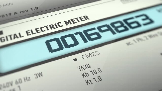 Digital electric meter display calculating energy consumption, utility bills. Modern electricity meter device visualization