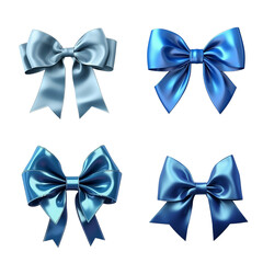 set Realistic shiny blue bow and satin ribbon isolated on transparent background. Blue ribbon gift bows. Concept for invitation, banners, gift cards. Template for brochure or postcard. 
