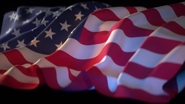 Close-up of American flag stars and stripes folding beautifully, U.S. symbol. United States national flag on black background