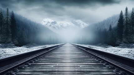 Empty Railroad Track Through a Foggy Snowy Forest in Winter - obrazy, fototapety, plakaty