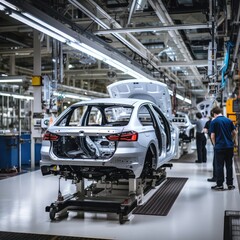 Male Mechanic Uses a Tablet Computer with Augmented Reality Diagnostics Software. Specialist Inspecting Car