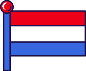 Netherlands kingdom nation flag on flagpole vector. Horizontal triband of red, white and cobalt blue color on official symbolic of independence and freedom flat cartoon illustration