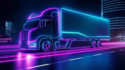 Futuristic Electric truck under neon nights using augmented reality. Future of sustainable transport, autonomous business vehicle for eco-friendly logistics banner with copysapce area