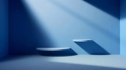 Foto op Aluminium Abstract color cylinder pedestal podium on blue background. Mock up template Product display presentation rendering 3d shape. Futuristic wall minimal scene. © vita555