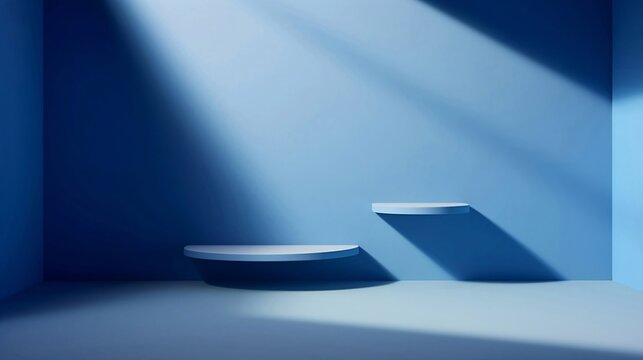 Abstract color cylinder pedestal podium on blue background. Mock up template Product display presentation rendering 3d shape. Futuristic wall minimal scene.