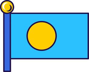 Palau country national flag on flagpole vector. Light blue field with yellow disk on patriotic symbol of republic. Palauan island historical and traditional symbolic flat cartoon illustration