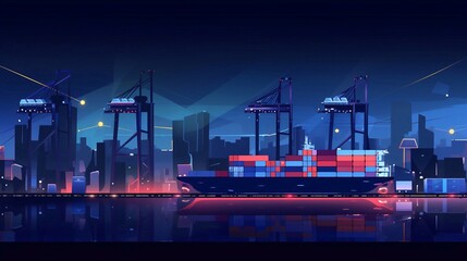 Obraz premium Low polygon banner template with copysapce area for commercial port. Digital cargo ship, container, crane and warehouse in dark blue. Container ships, transport, logistics, business, worldwide deliver