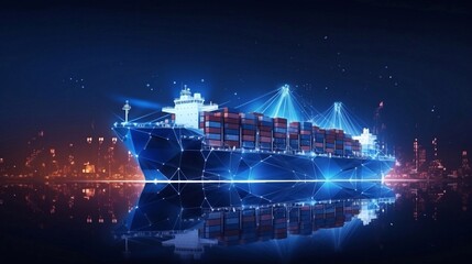 Low polygon banner template with copysapce area for commercial port. Digital cargo ship, container, crane and warehouse in dark blue. Container ships, transport, logistics, business, worldwide deliver - obrazy, fototapety, plakaty