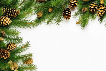 Christmas composition. Christmas fir tree branches, gifts, pine cones on white background with space for text
