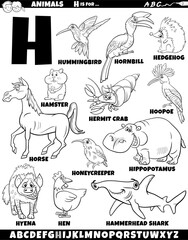 cartoon animal characters for letter H set coloring page