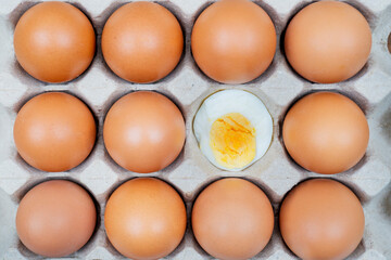 Chicken egg is half broken among other eggs