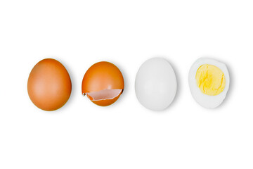 Single whole egg, cracked egg, white egg and halved boiled egg with yolk