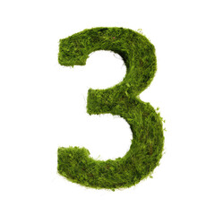 green grass forming number three, 3, alphabet text font character isolated on white in nature, growth and eco environment concept.