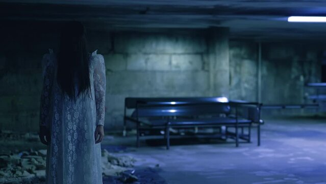 Mysterious woman with long dark hair standing in a basement, creepy silhouette. Evil witch, woman zombie, Halloween horror scene