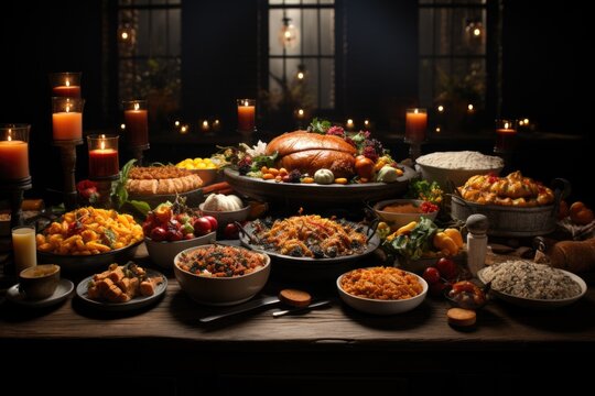 Table setting for traditional thanksgiving day. Turkey with vegetables
