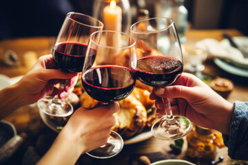 People clinking with a glasses filled with red wine sitting at the Thanksgiving dinner table - obrazy, fototapety, plakaty