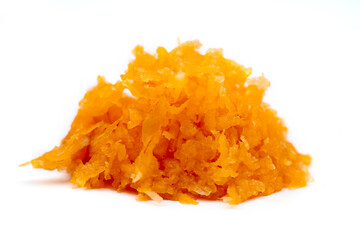 Closeup of cut carrots on white background