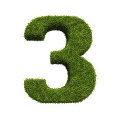 green grass forming number three, 3, alphabet text font character isolated on white in nature, growth and eco environment concept.